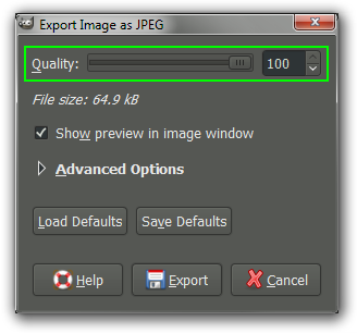 GIMP Export JPEG options dialog