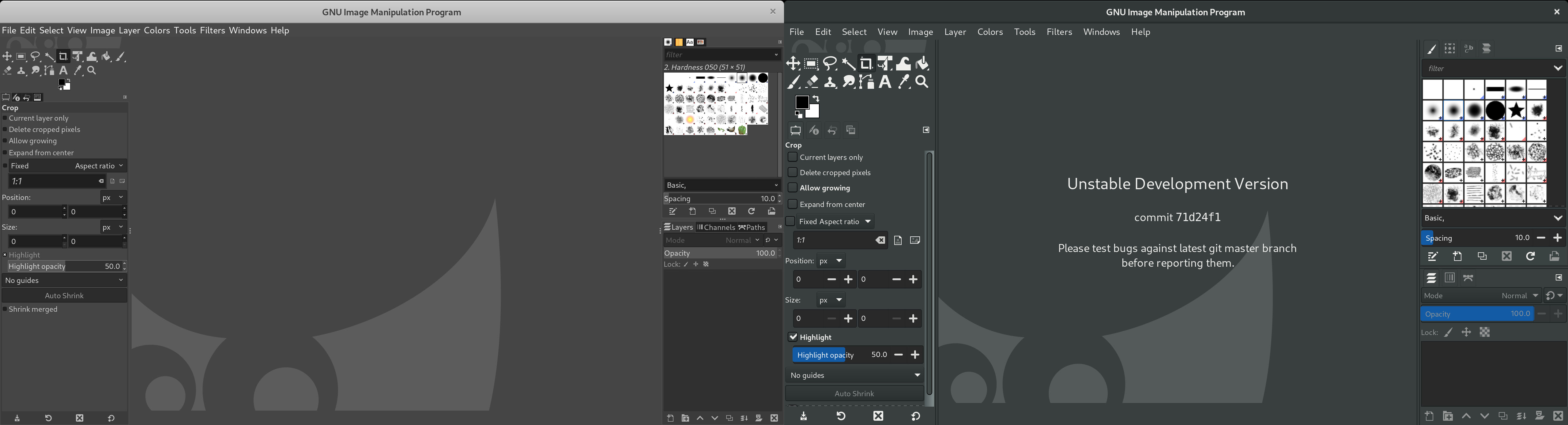 GIMP 2.10.22 and 2.99.2 interfaces side by side