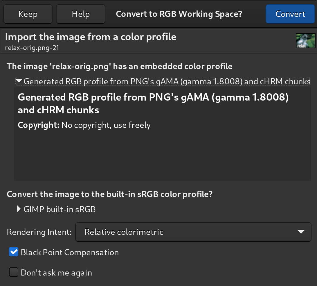 Gerando um perfil de cor a partir de pedaços PNG gAMA e cHRM - GIMP 2.99.6