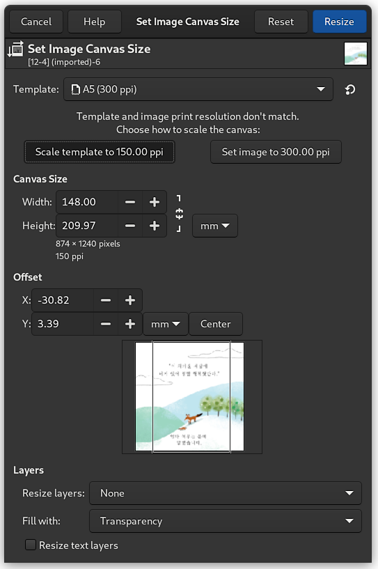 Seletor de modelo na caixa de diálogo Tamanho da tela - GIMP 2.99.6