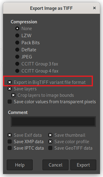 BigTIFF export GIMP 2.10.32