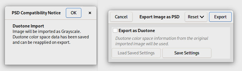 New dialogs when importing (left) then re-exporting (right) a PSD duotone image