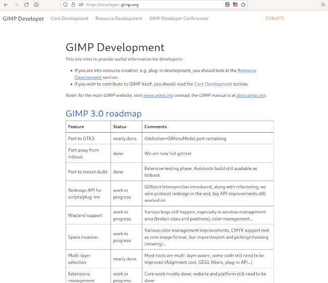Screenshot of the new developer website of GIMP