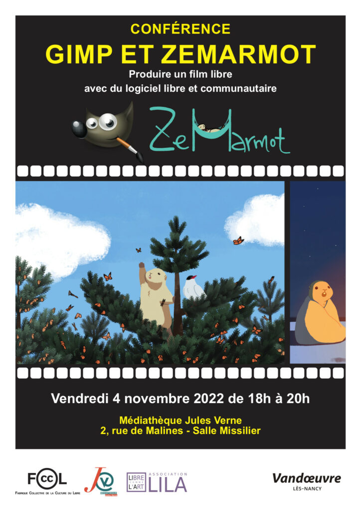 Poster for the talk 'GIMP and ZeMarmot' of 4 November 2022 in Vandœuvre-lès-Nancy