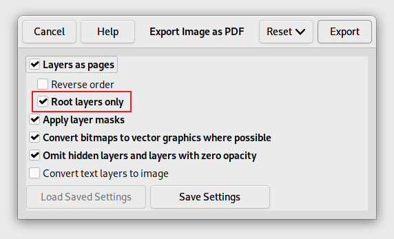 GIMP 2.99.14 : option de couches racine uniquement dans l'exportation PDF