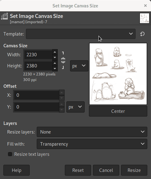 Template selector in Canvas Size dialog - GIMP 2.10.34