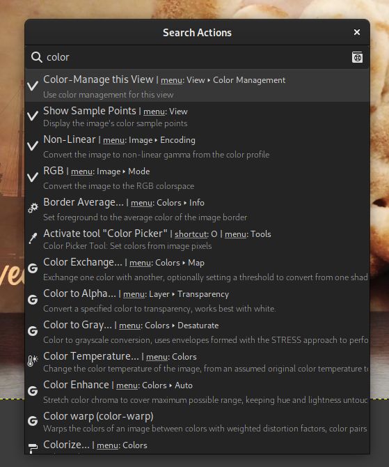 Caixa de diálogo de pesquisa de ação no GIMP 2.99.16