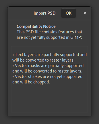 PSD compatibility warnings when importing a PSD - GIMP 2.99.16