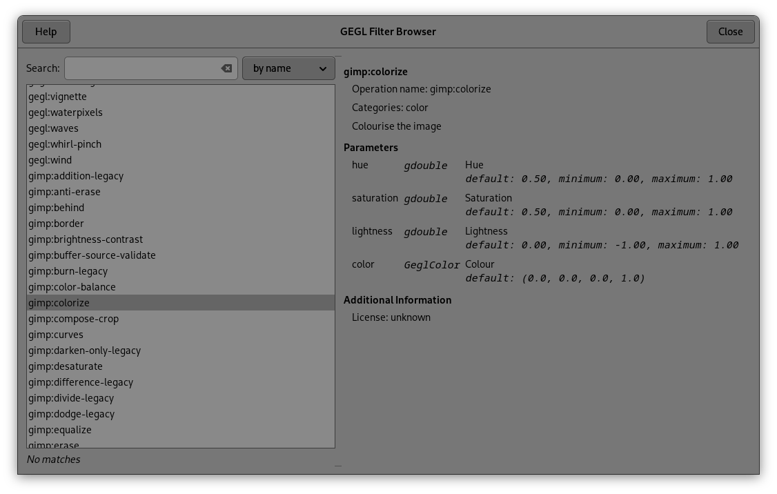 A screenshot of the new GEGL Filter Browser.