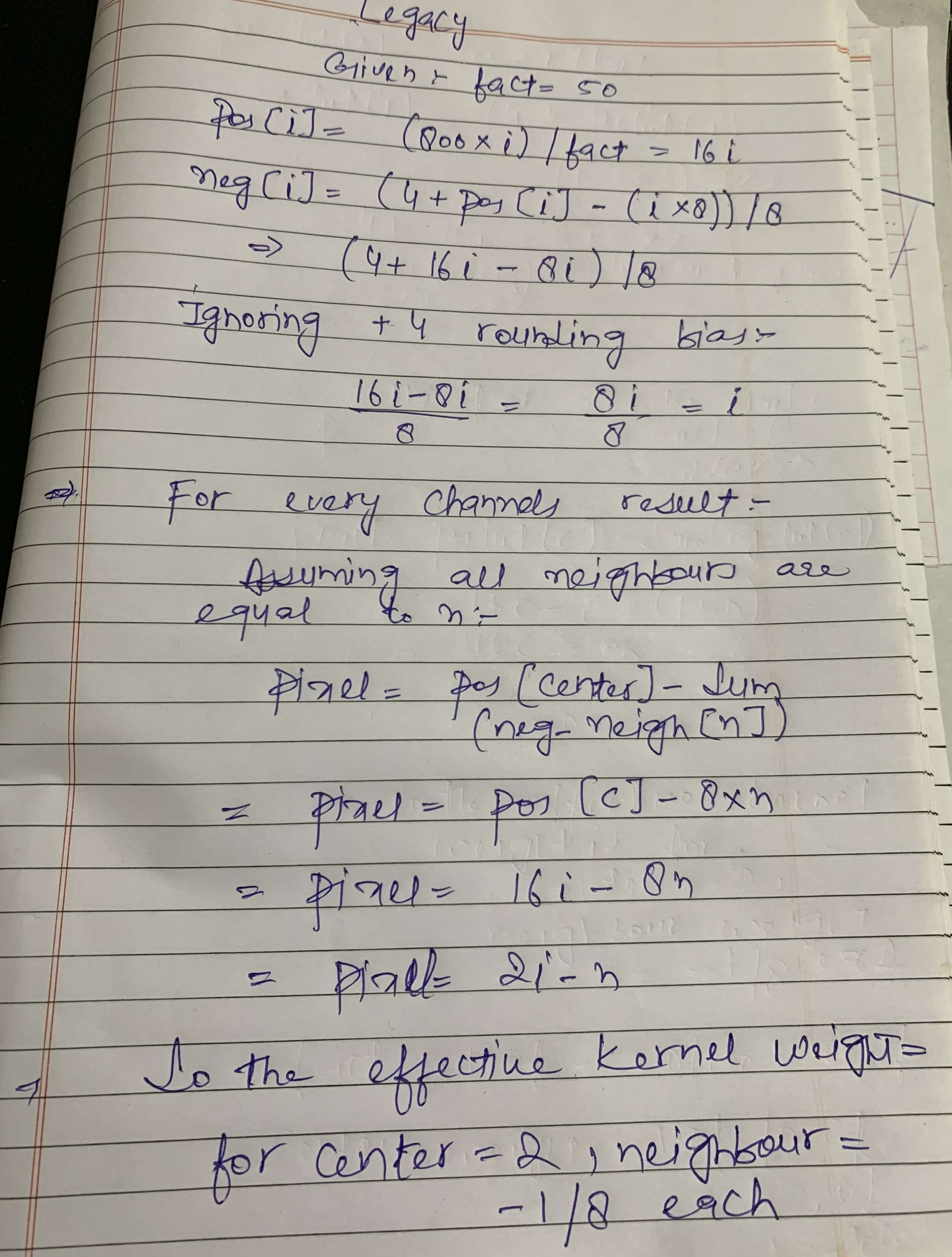 Handwritten calculations to recreate the Sharpen Filter, by Waris Maqbool