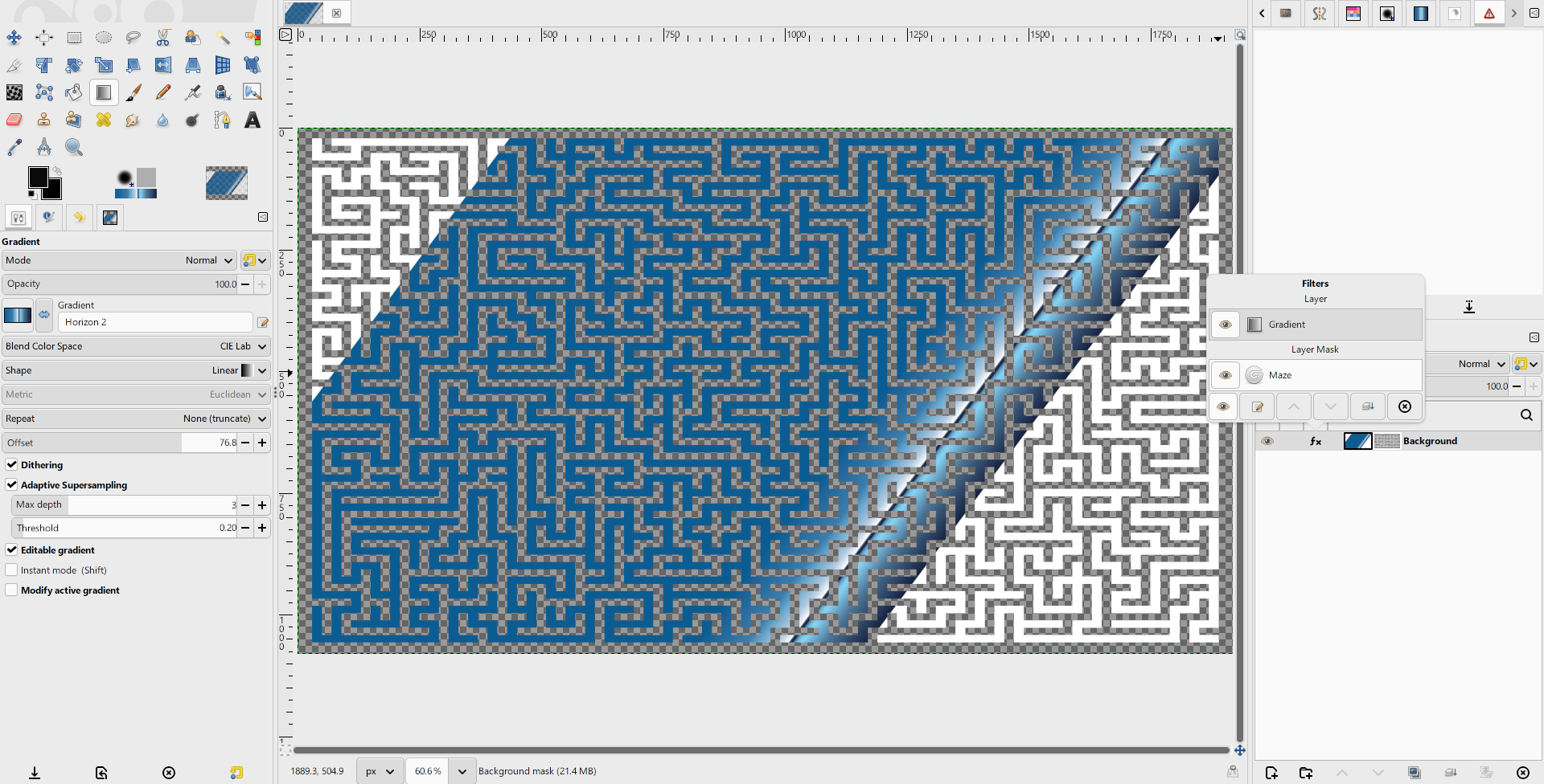 User interface with a live Gradient filter on the layer, and a live filter on the layer mask