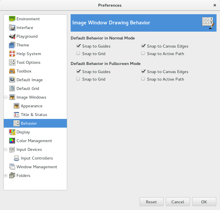 Behaviour page in the Preferences dialog