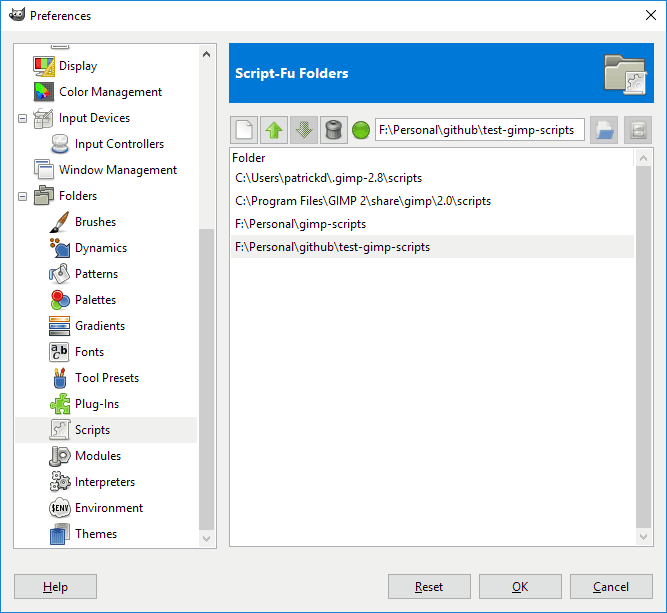 GIMP Preferences Define New Folders