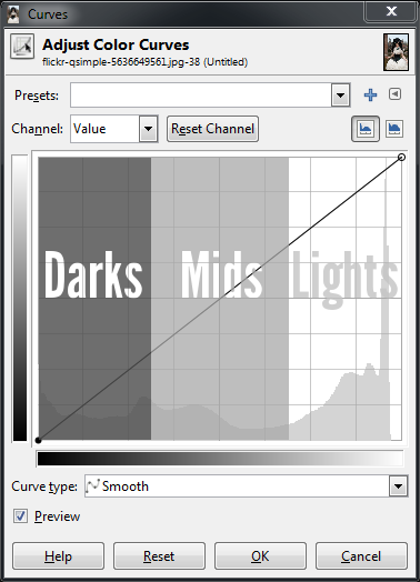 Curvas de Base do GIMP escurecem médios zonas de luzes