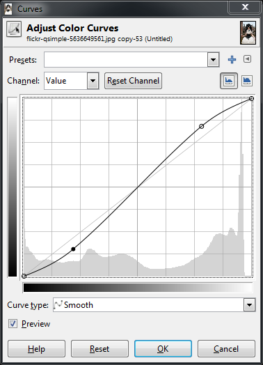 GIMP Base Curves Dialog Curva em forma de S