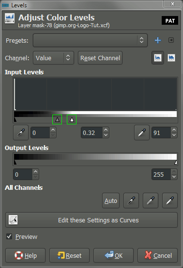 GIMP adjust color levels dialog